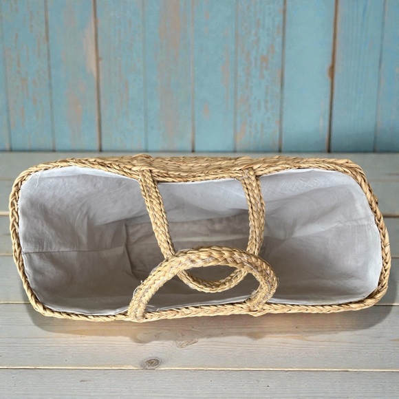 VTG Handmade Boho Woven Straw Basket Market Tote Bag w/ Lining Natural - Picture 3 of 6